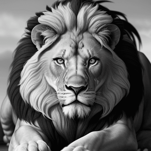 AI generated: An ultra realistic, imposing lion sitting with one paw above the other in black and white with blue ...