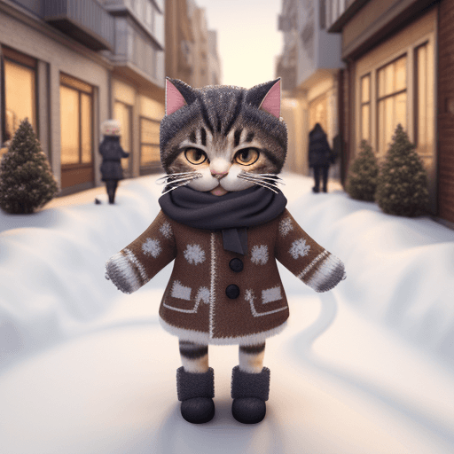 AI generated: Draw a dressed up cat in winter clothes on a winter street, realistic, 3d