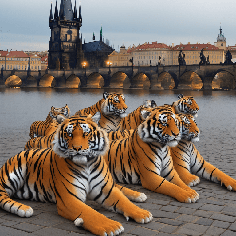 AI generated: Group of tigers taking group photo at Charles Bridge in Prague