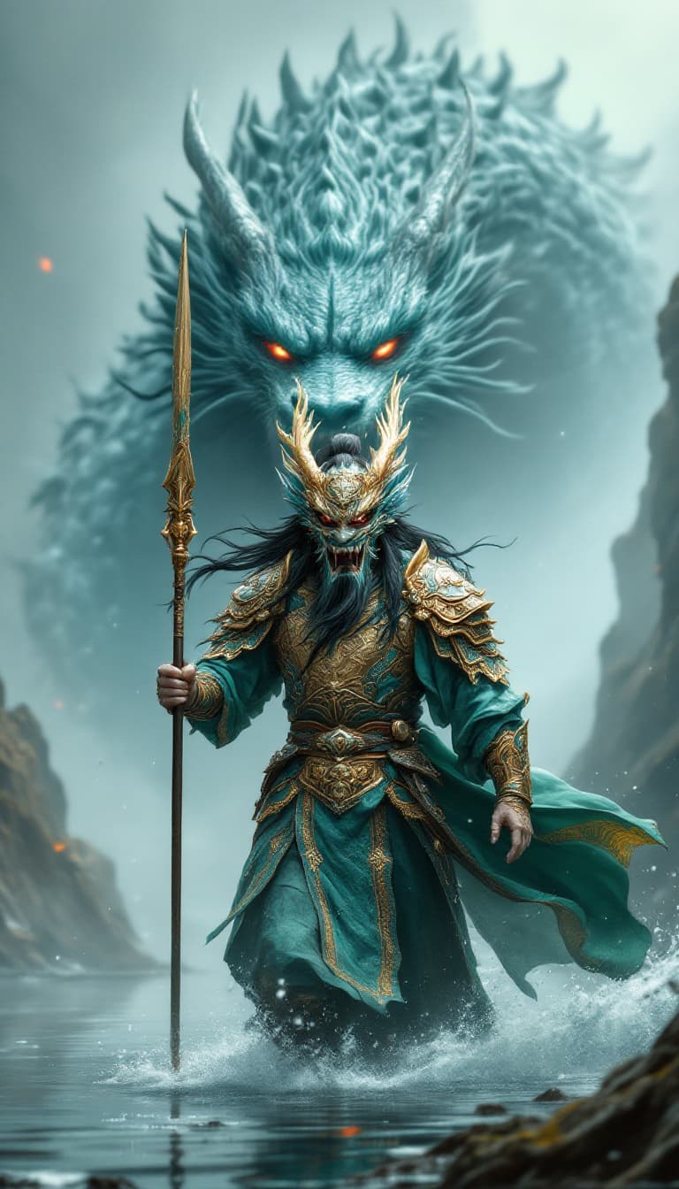 AI generated: An ultra-realistic, zoomed out, full-body frontal portrait of a formidable warrior holding a spear i...