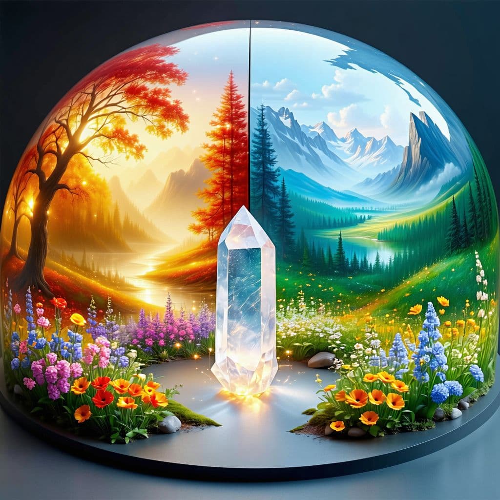 AI generated: Design a magical dome divided into four quadrants, each displaying a breathtaking seasonal landscape...