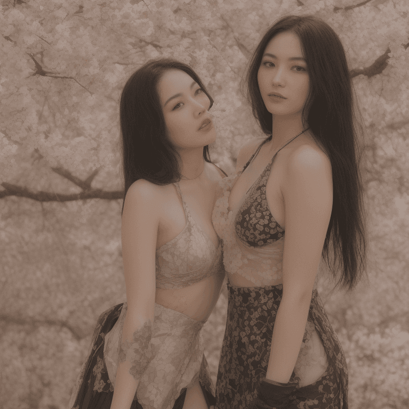 AI generated: Two beautiful alluring Japanese women, kneel in a serene field of cherry blossoms, in an embrace, ri...