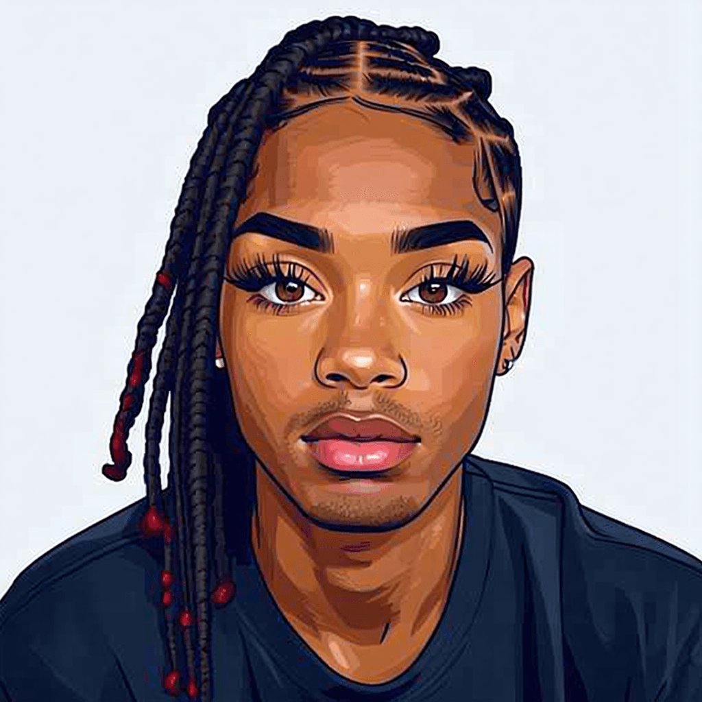 AI generated: young black woman with long face, with long eyelashes, with long, dark loc'd hair,  with t-shirt,  l...