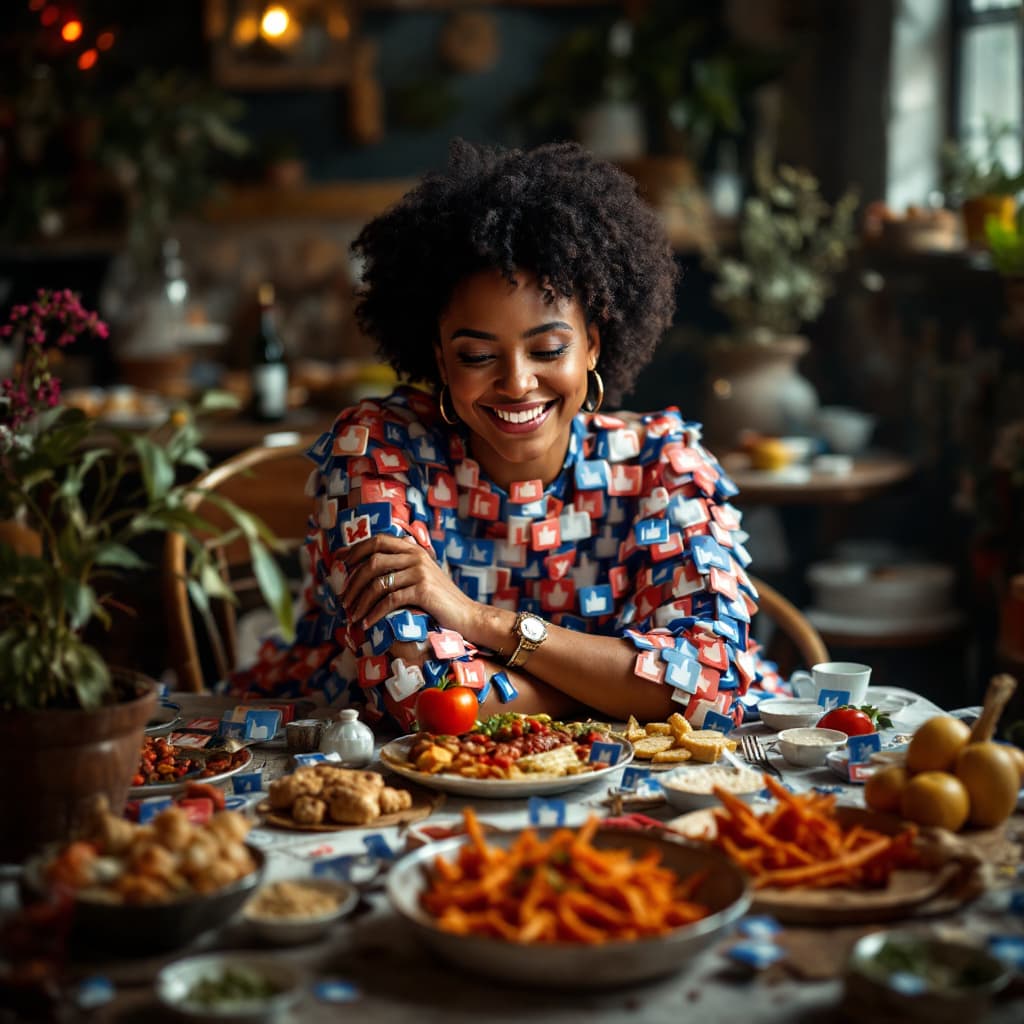 AI generated: Cuisine, A smiling woman wears a dress made of icons of 'like' as she lays on a table, rich deep col...