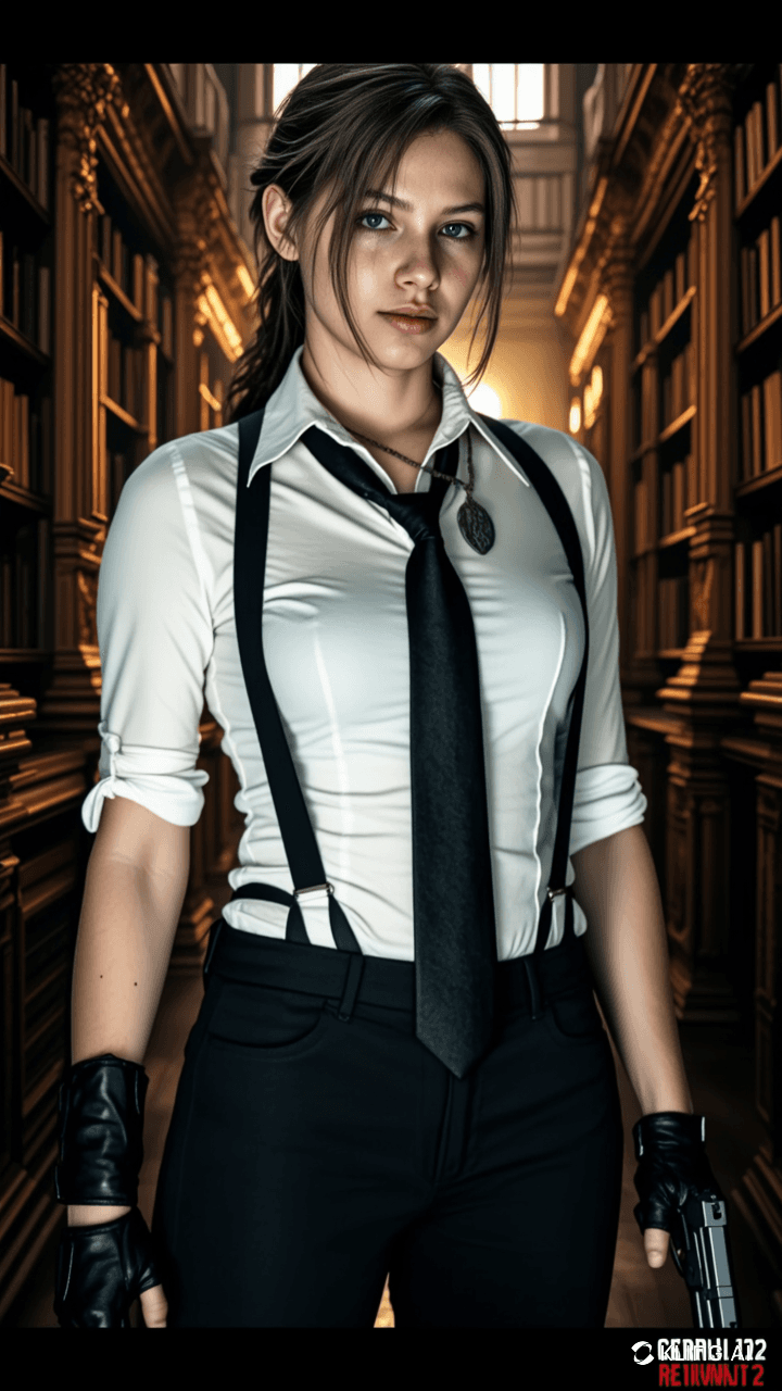 AI generated: Resident Evil 2 Remake Claire Redfield magabiztosan áll egy vintage könyvtári környezetben. Feltűrt ...