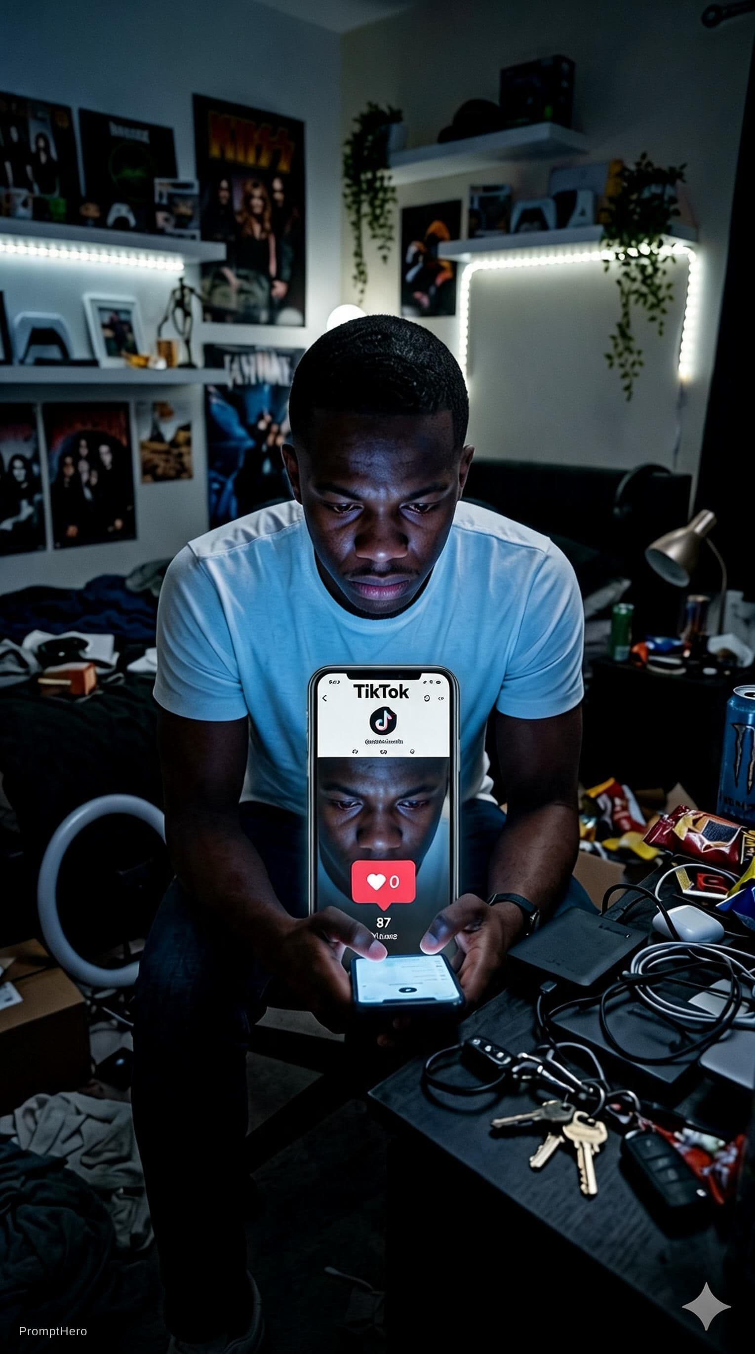 AI generated: Ultra realistic cinematic vertical video, real young man alone in a dark bedroom at night looking at...
