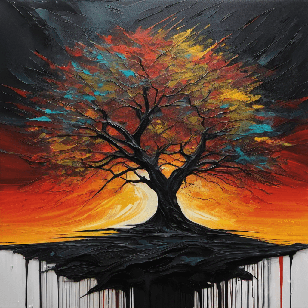 AI generated: acrylic painting, lone tree, dark tones, uncomfortable atmosphere, intricately detailed art, surreal...