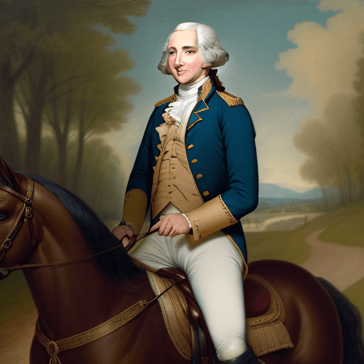 AI generated: In the style of the old masters, George Washington, on a horse, camera is 10 feet away, camera is fo...