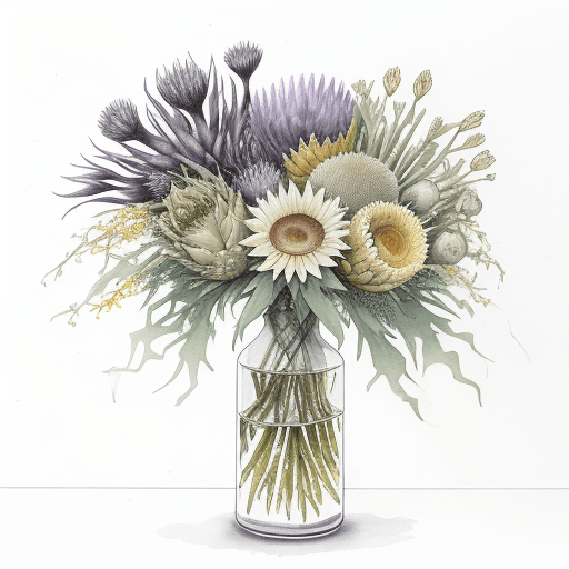AI generated:  arrangement with maize and thistles and blooming artichokes, ink and watercolor, white background 