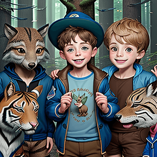 AI generated: 6-year-old Oliver in a blue jacket and brown shorts met a group of friendly forest animals who becom...