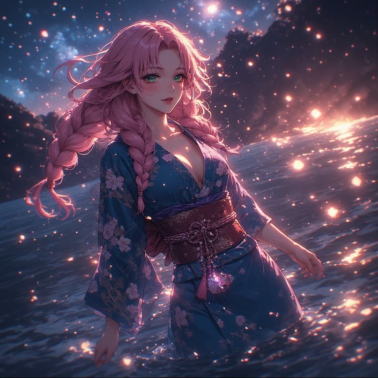 AI generated: anime art of Mitsuri Kanroji, covered nipples, chromatic aberration, glow, perfect face, perfect bod...