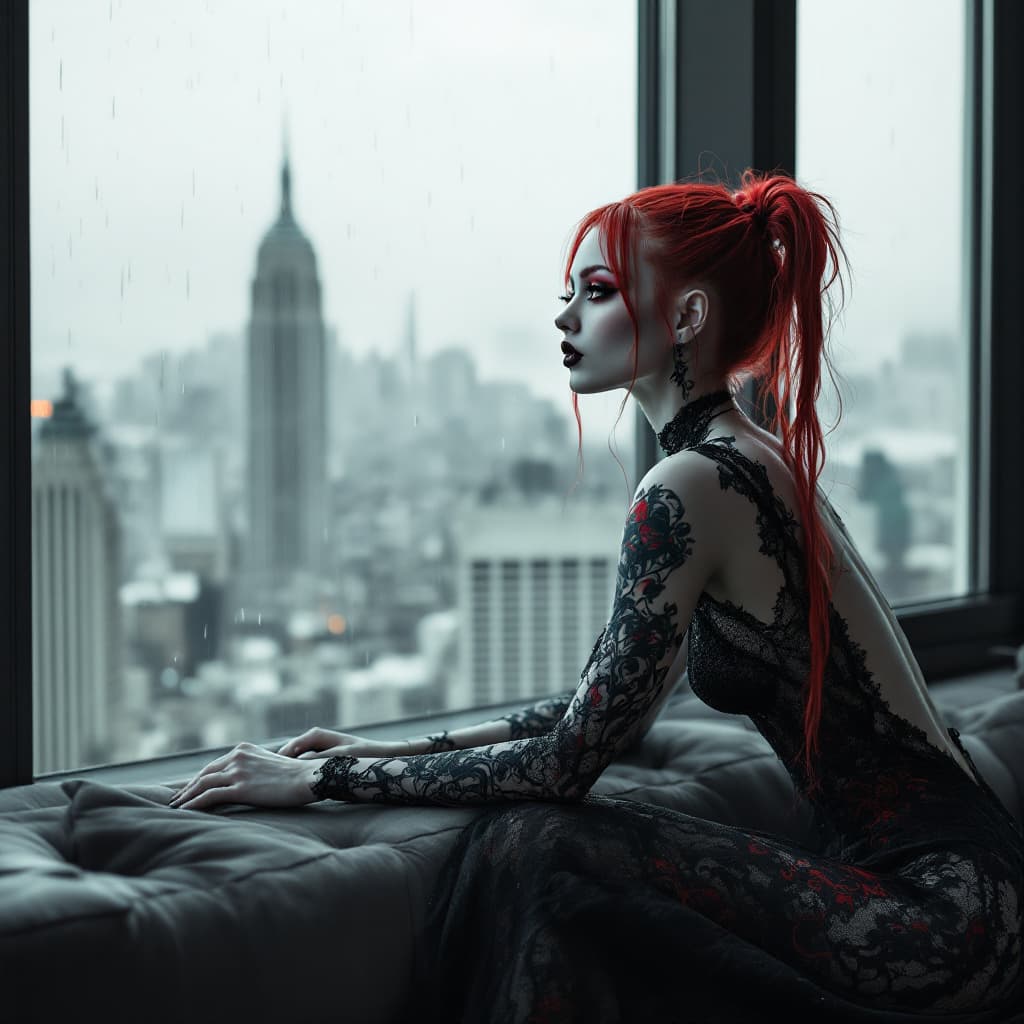 AI generated: A hyper-realistic, full-body photo of a fit, thin, very pale woman leaning forward gracefully agains...