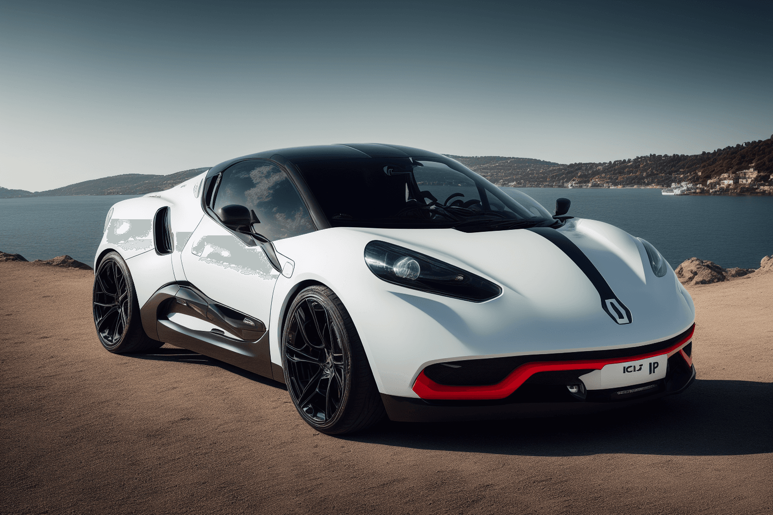 AI generated: a ((futuristic sports car)), ((white)) renault clio , light blue - neon blue decals, (bosphorus sea ...
