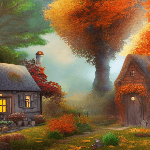 AI generated: miniature cottage in a fantasy setting surrounded by trees in warm colors, cozy atmosphere; 8k, intr...
