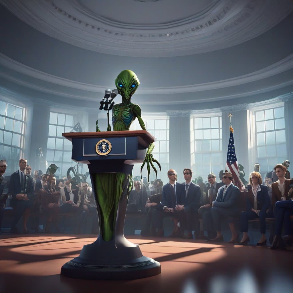 AI generated: In the White House Press Briefing Room, The Ambassador of an insectoid alien race stands at a lecter...