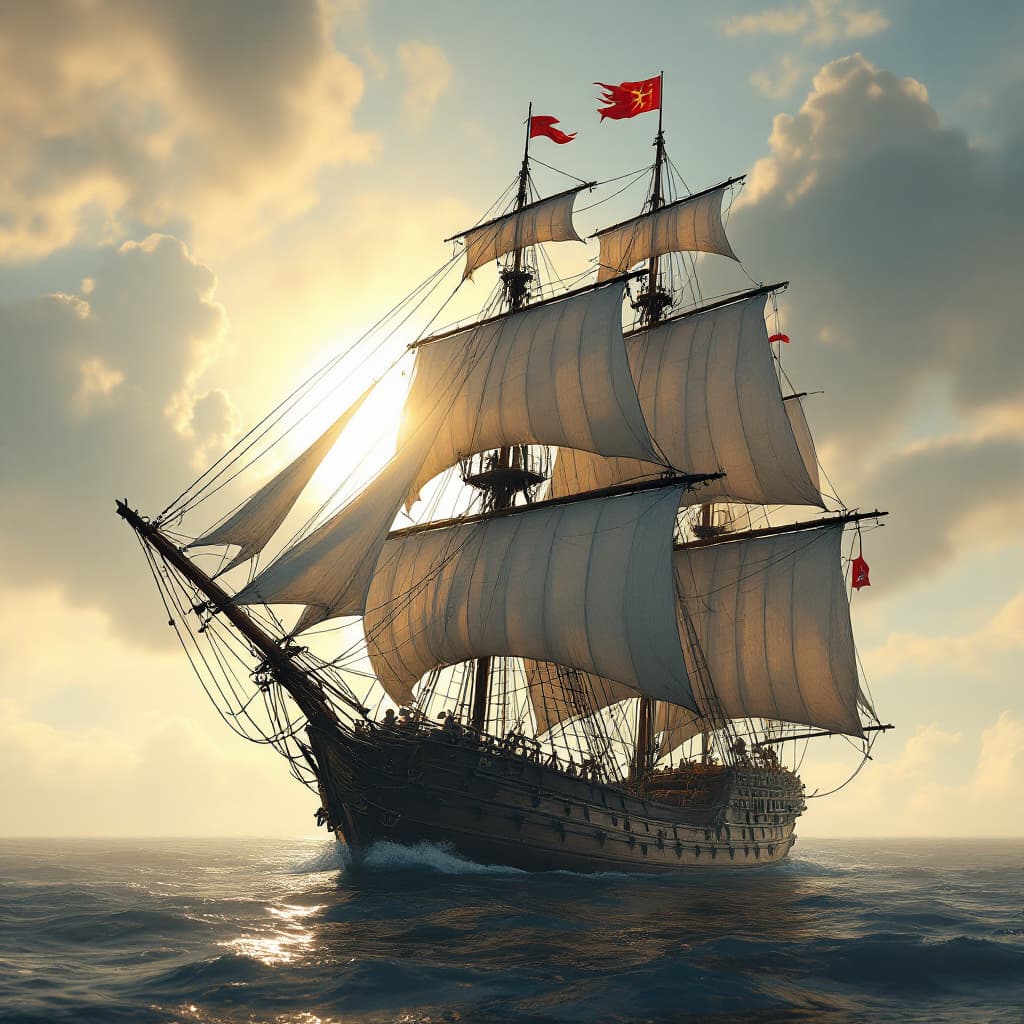 AI generated: Photo of a ultra realistic sailing ship, dramatic light, pale sunrise, cinematic lighting, battered,...