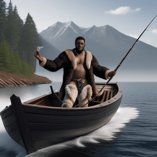 AI generated: Black man wearing wolf pelt inside a wooden boat fishing hyper-realistic image