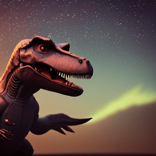 AI generated: photo of a sad t-rex looking at the stars, photorrealistic style, 3d octane render