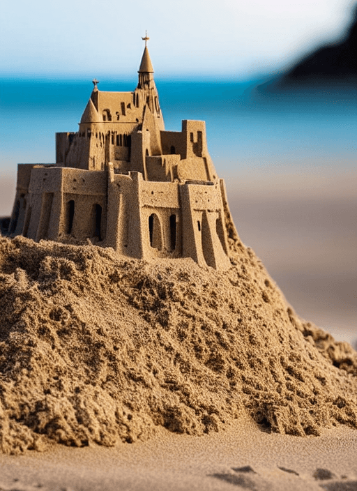 AI generated: (sand castle:1)  representing Mont Saint Michel miniature on the beach, ultra realistic photo, extre...