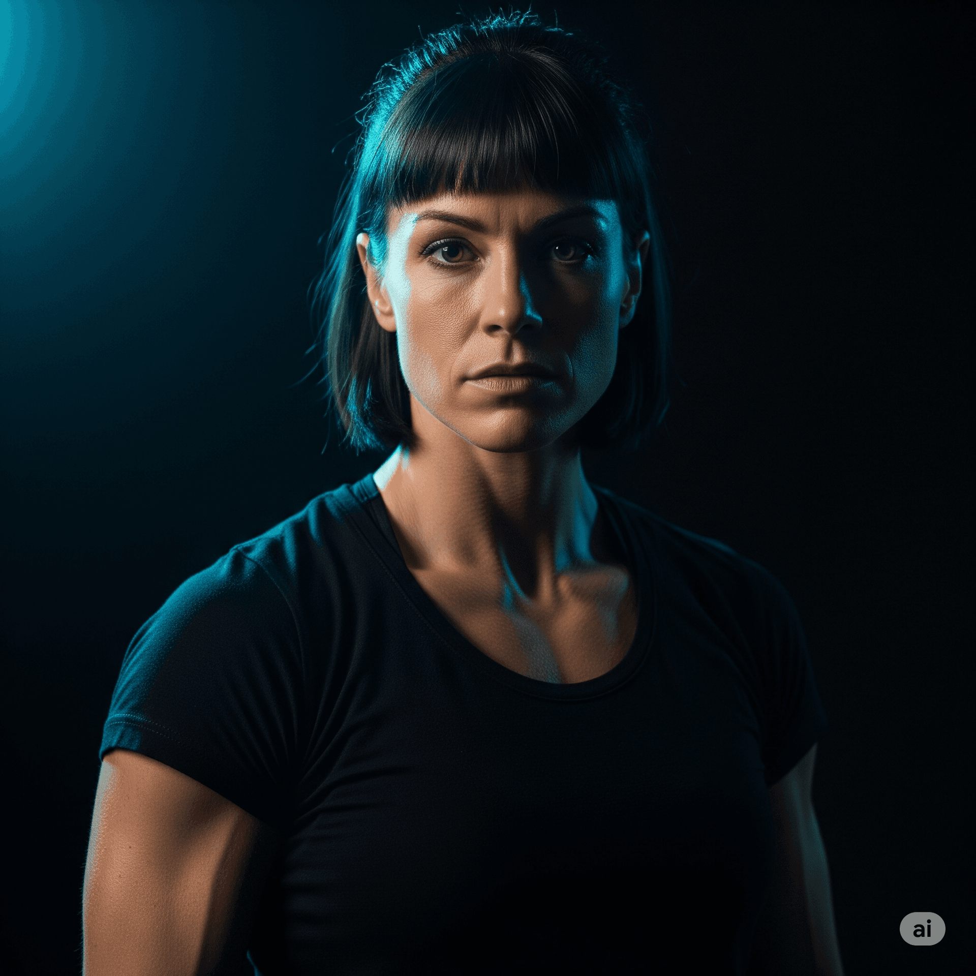 AI generated: A dramatic, cinematic medium shot of a determined woman with short, dark hair and bangs, staring dir...