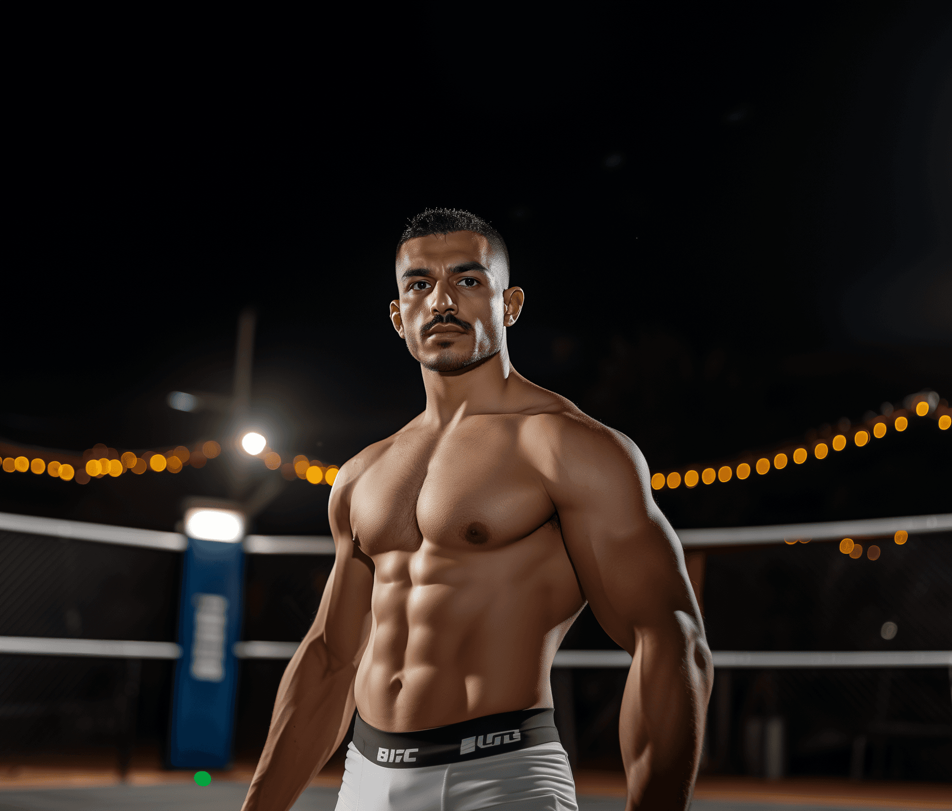 AI generated: full body shot of a light-skinned, middle-eastern male wrestler with short black hair, abs fit, a th...