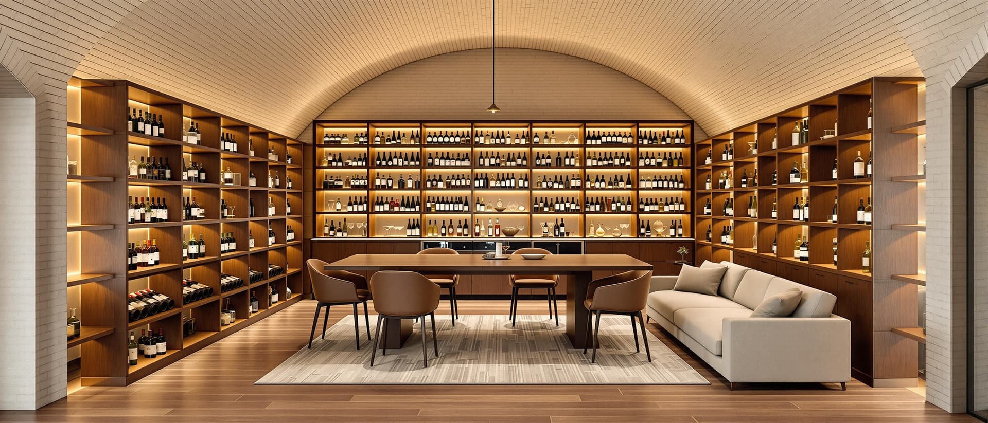 AI generated: A modern and contemporary wine cellar featuring walnut wood strip flooring, paired with a light beig...