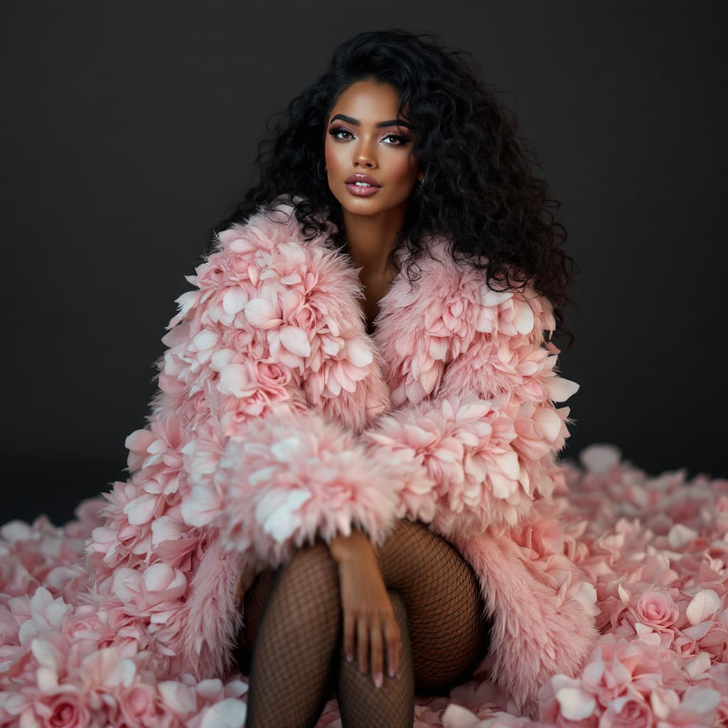 AI generated: A stunning woman with luscious, curly black locks cascading down to her chin, enveloped in a luxurio...