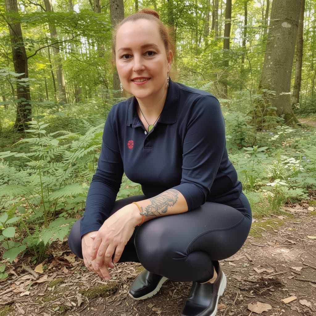 AI generated: This women is naked, wearing stoxking and squating down in forest
