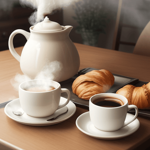 AI generated: Create a cozy and inviting illustration of a breakfast scene featuring a steaming cup of coffee. The...