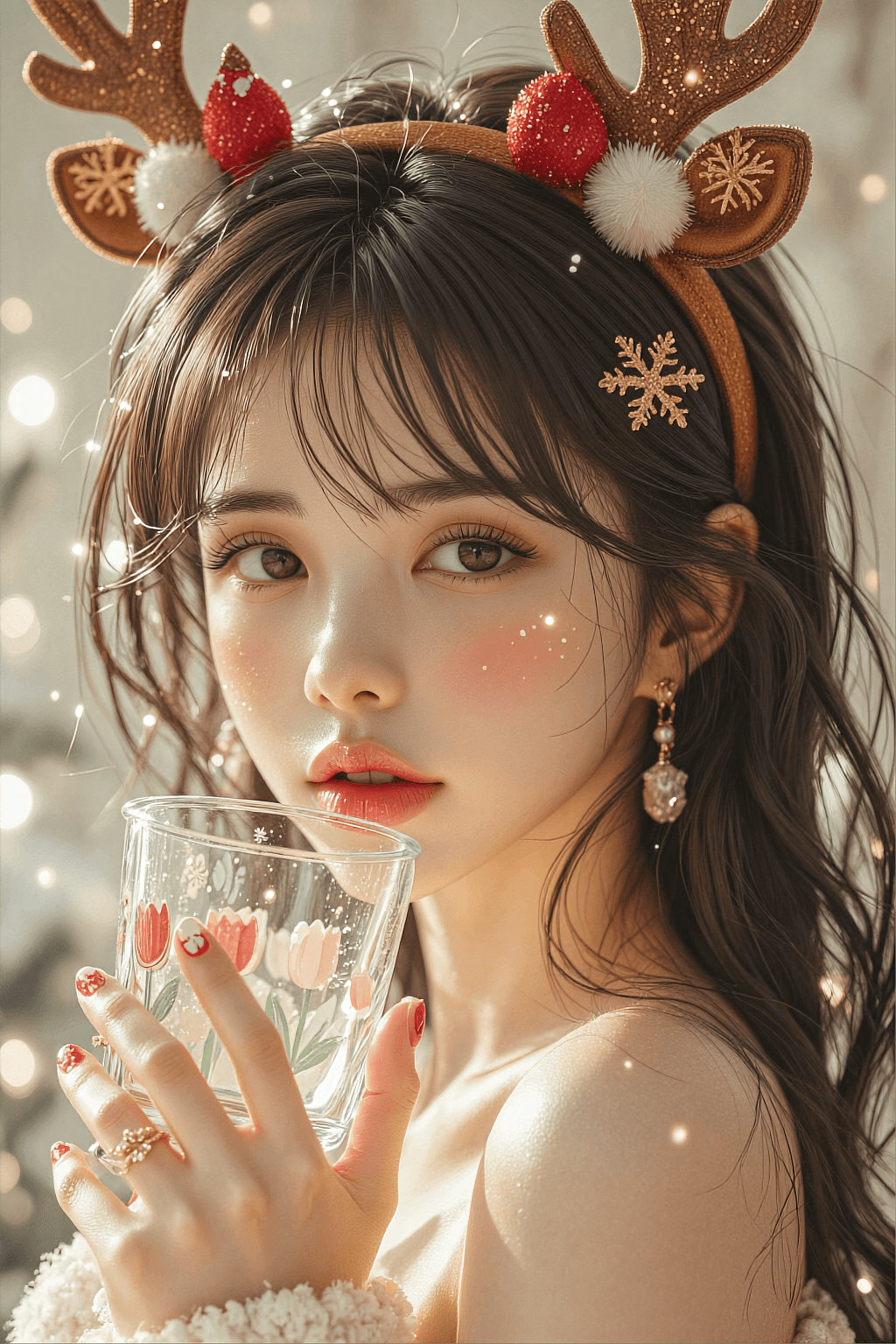 AI generated: A photorealistic, high-key close-up portrait of a cute young Asian woman holding a clear glass cup w...