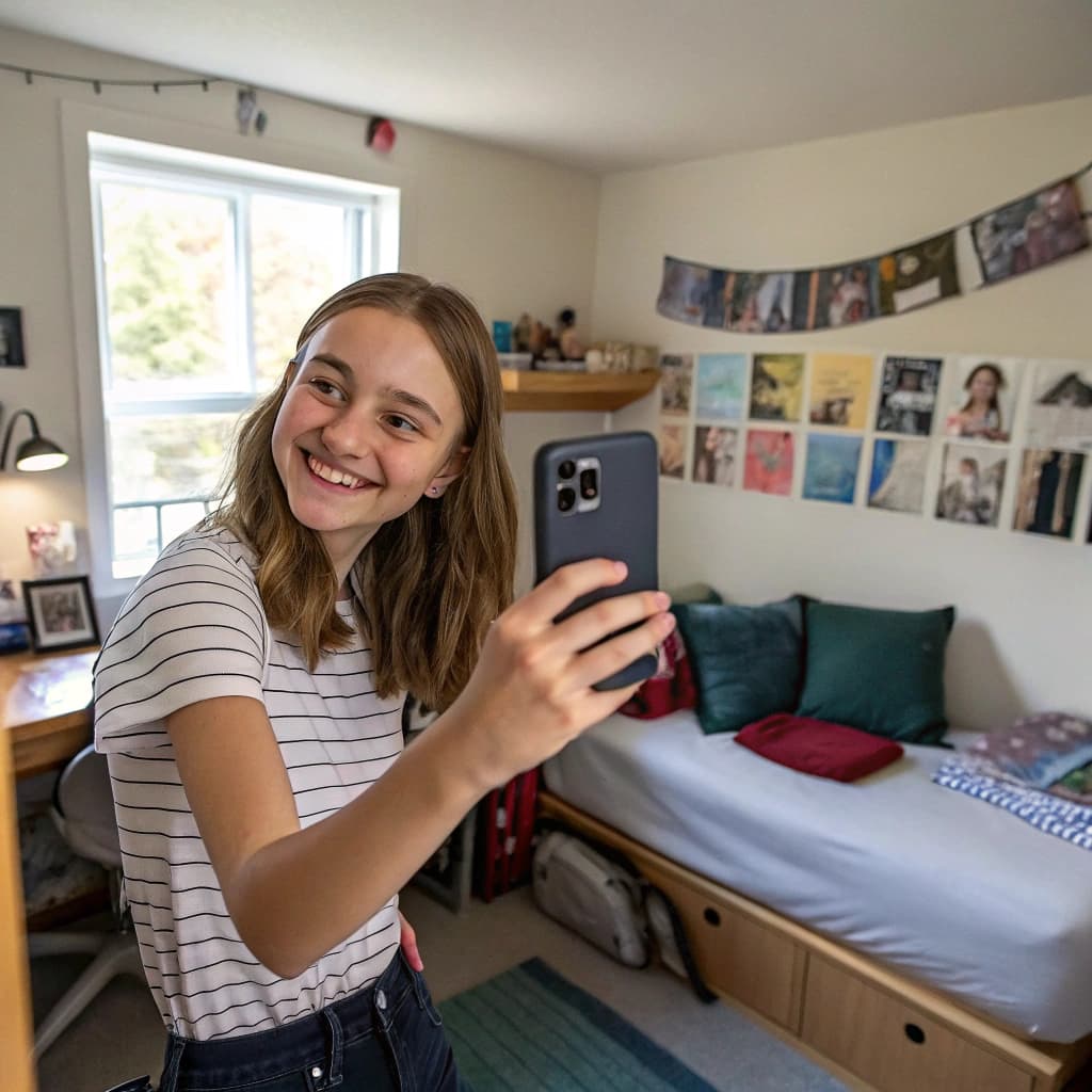 AI generated: teenage selfie inside dorm room