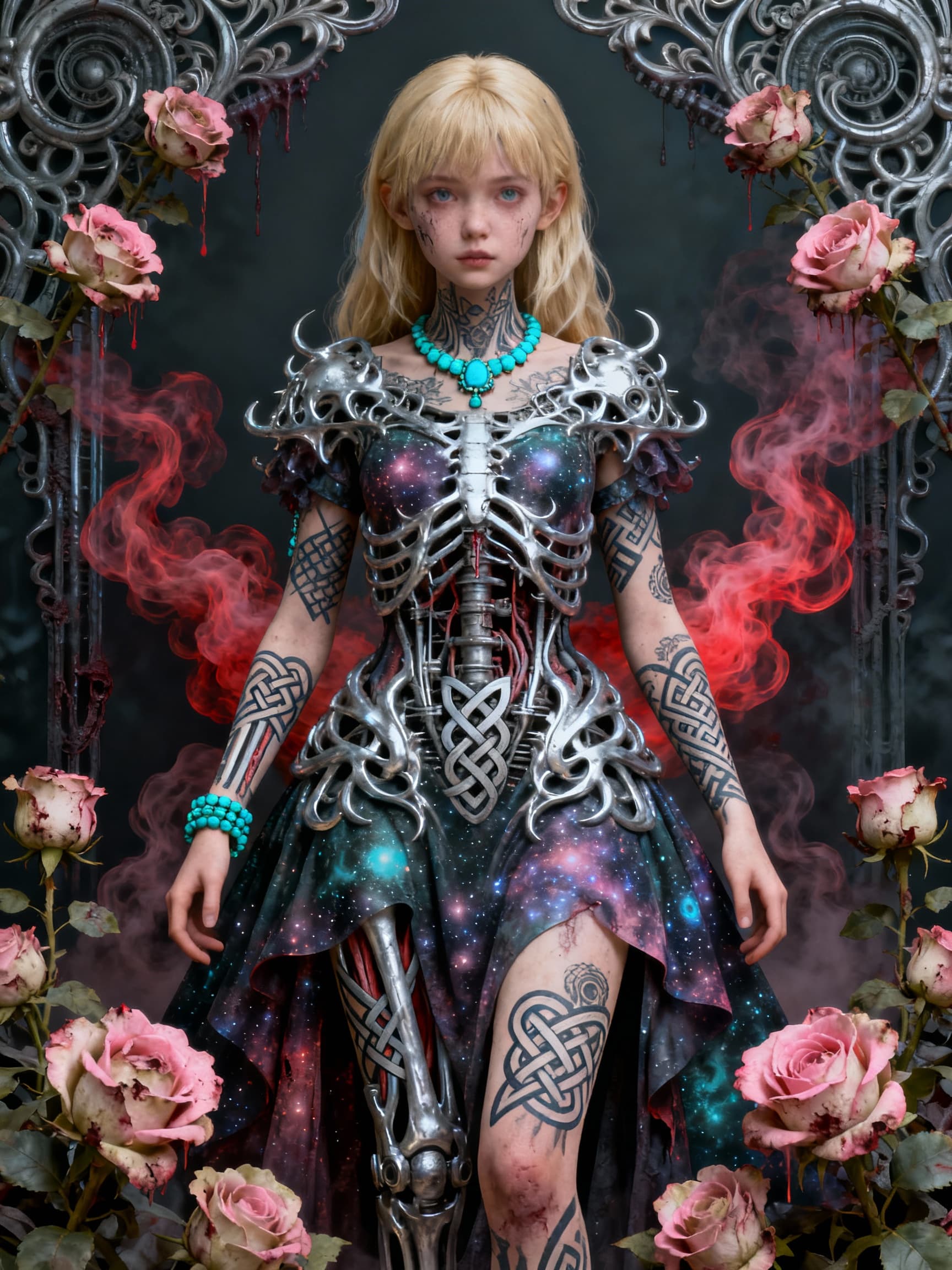 AI generated:  blonde girl in a cosmic dress, full-body tattoos, ornate, rococo, grotesque, zbrush art, majestic, ...