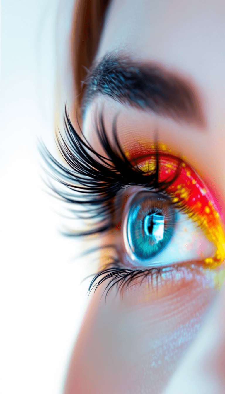 AI generated: A woman's eye is shown with the focus on her eyelashes, which appear to be lengthened with bright ye...