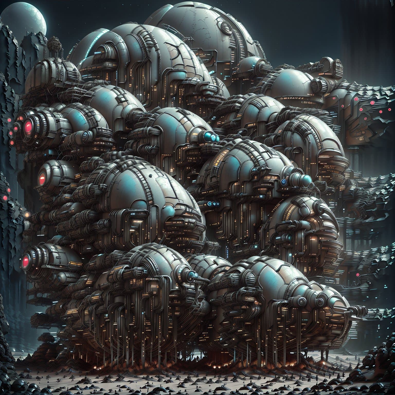 AI generated: dune geof darrow style, wasteland, hyper detailed, neon ambiance, abstract black oil, gear mecha, de...