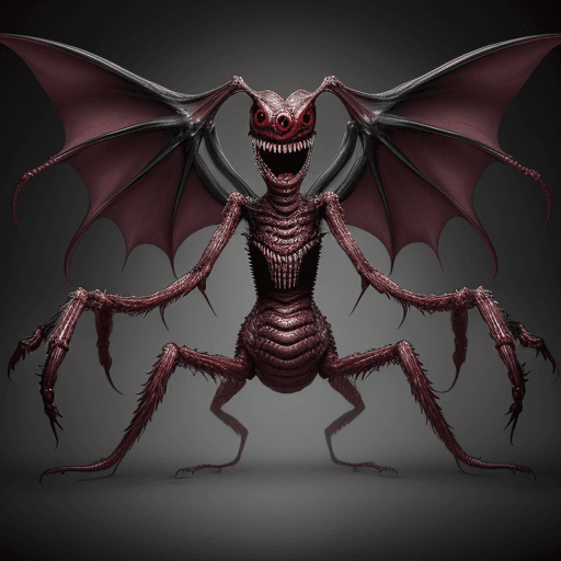 AI generated:  high quality foto of a monster, 10 legs, 3 arms, slimy, 3 grimaces with big teeth, wings, horror hi...