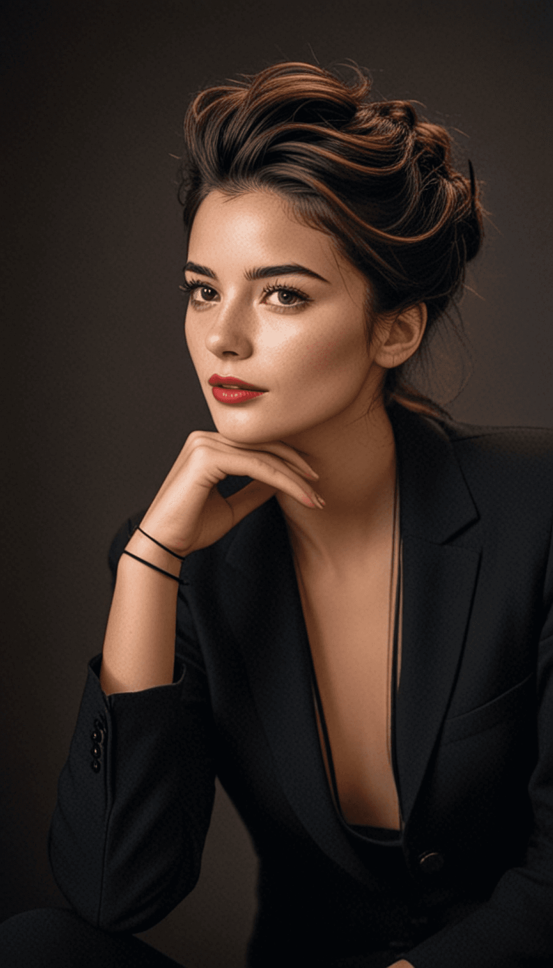 AI generated: A woman with fair skin, red lipstick, and brown hair in a voluminous updo, wearing a black blazer wi...