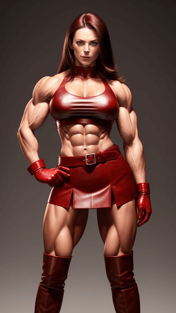AI generated: 30 year old very muscular girl with muscular abs and toned biceps wears red Leather skirt, red opera...