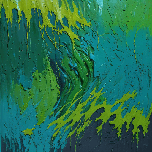 AI generated: abstract painting, vibrant greens, soothing blues, sandy tones, lush greenery, harmonious, fluid, or...