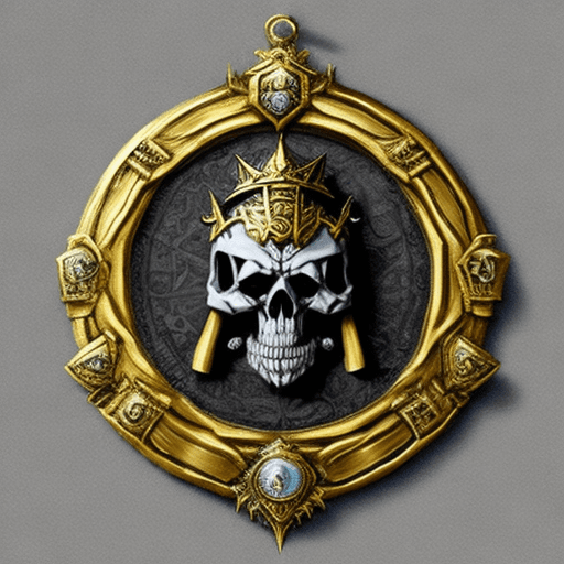 AI generated: Photo of a medallion from warhammer fantasy, with the ice queen skull with the ukranian trizubets at...
