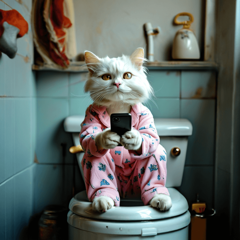 AI generated: strong dramatization, anthropomorphic real white cat wearing light pink pajamas with pattern, sittin...