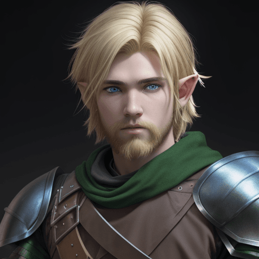 AI generated: 18 year old Half-Elf male from D&D, shaggy blonde hair, blonde bearded, ranger, black and green leat...
