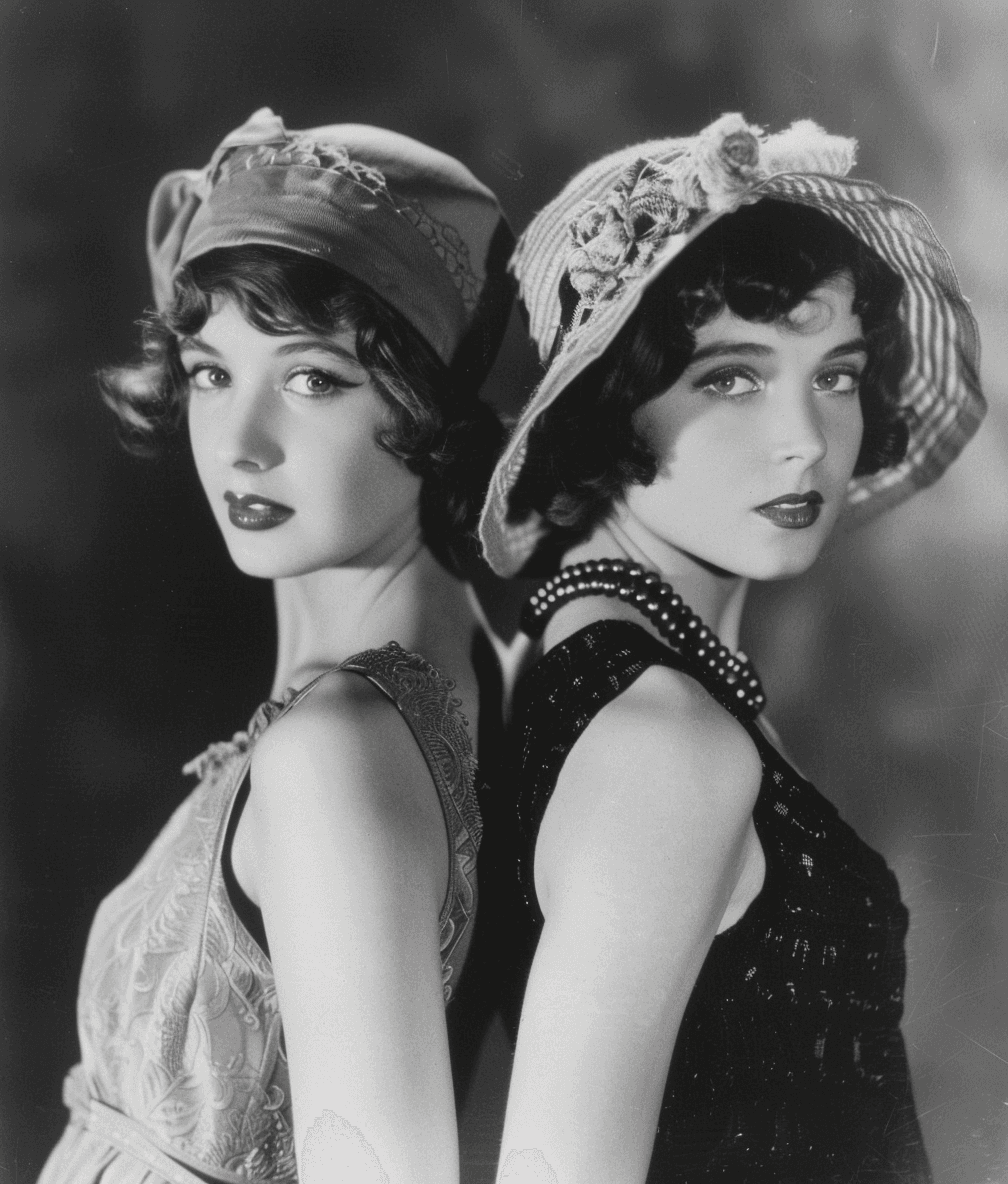 AI generated: vintage fashion photoshoot of two women in flapper style , standing back to back and facing the came...