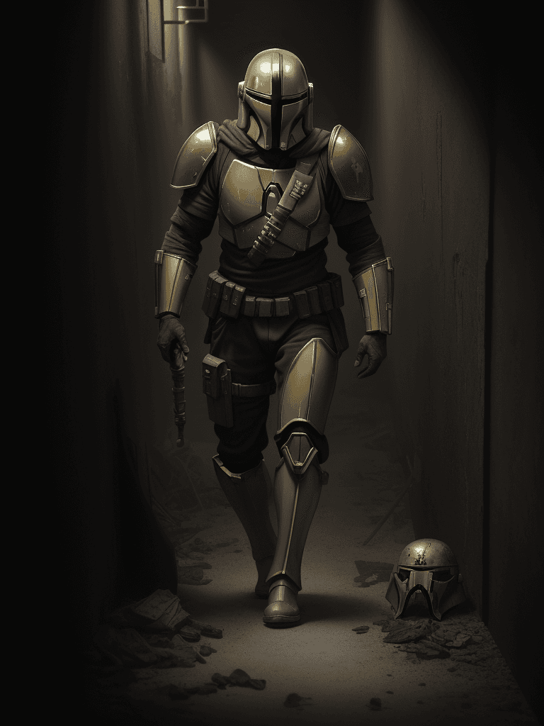 AI generated: A haunting scene of a mandalorian with a golden armor| golden armor(glowing eyes:1.2)| Staggering th...
