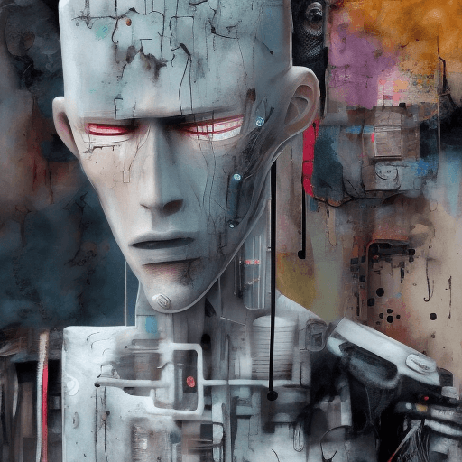 AI generated: Mixed media artwork + Emotional cyborg guy + outcast + + In the style of surrealist expressionism, m...