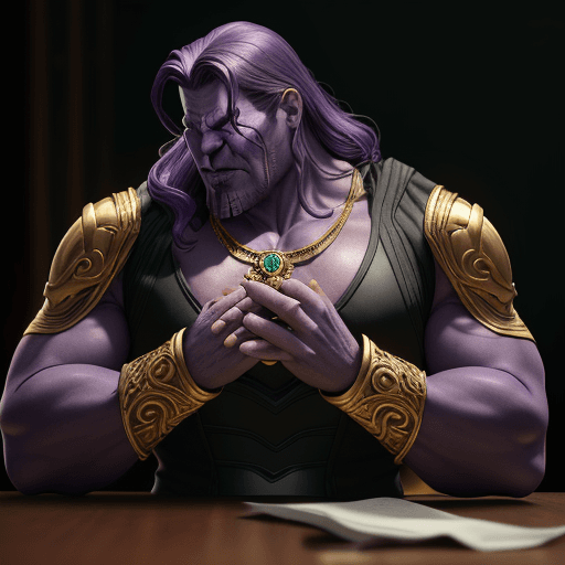 AI generated: necklace Ring on the table with the design and character of thanos The necklace Ring is gold and pur...