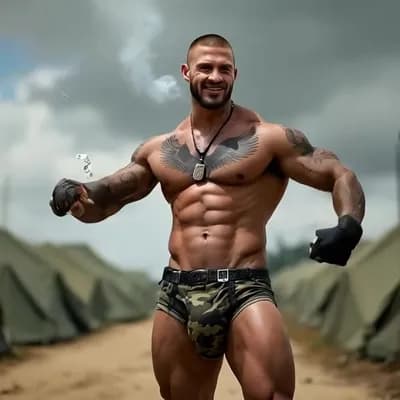AI generated video: Flicking cigar, flexing both biceps and grinning.