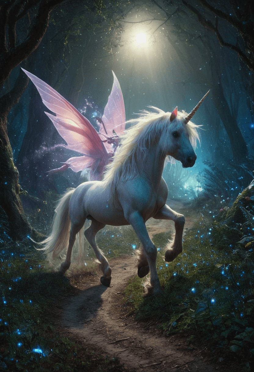 AI generated: realistic,highres,<lora:Fantasy_Monsters_XL:1>,A unicorn gallops through an enchanted forest at full...