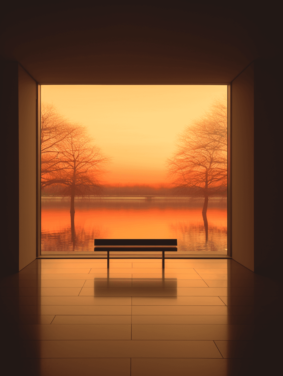 AI generated: A photograph of an empty bench inside the window, bathed in orange light from outside. The setting i...