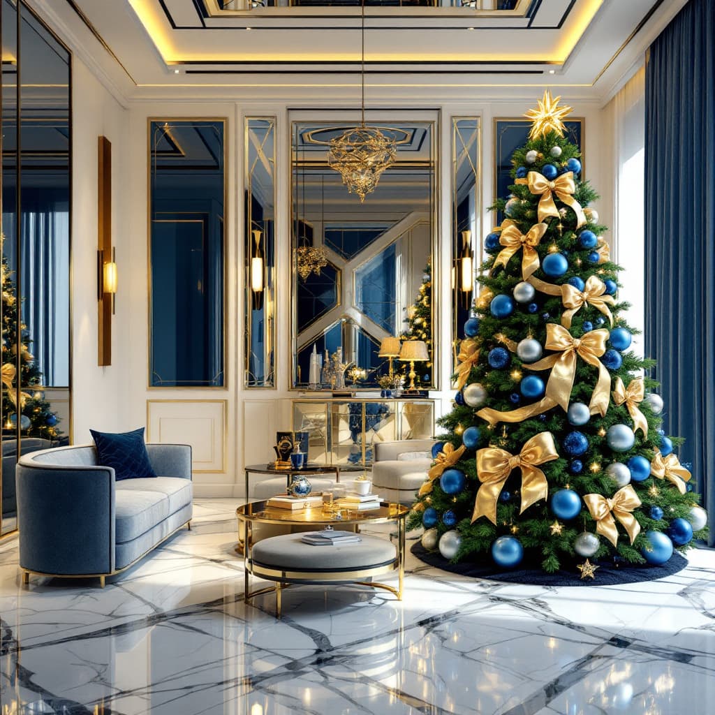 AI generated: Luxurious interior of a living room decorated for Christmas, with a luxurious tree with blue balls a...