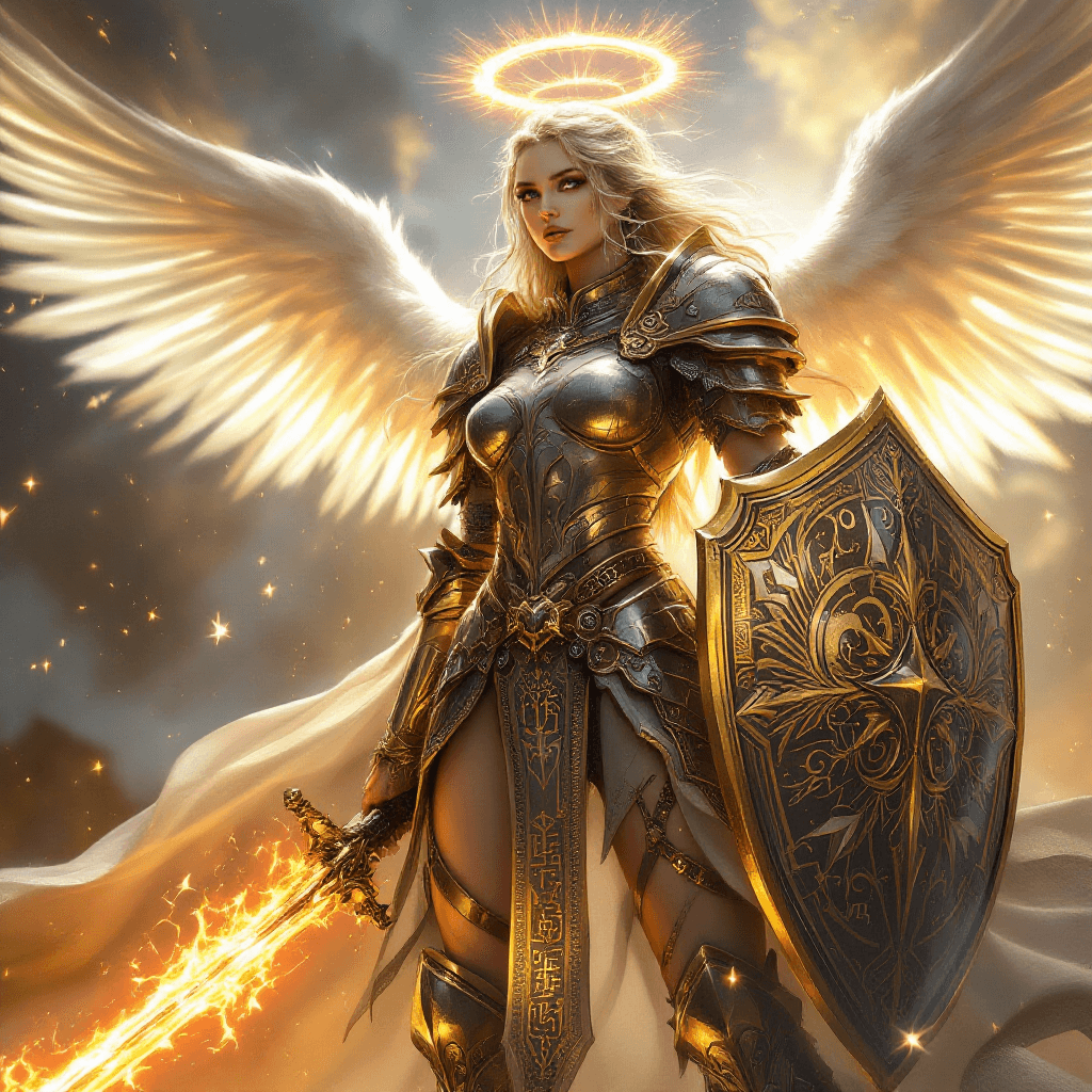 AI generated: The Celestial Rune Knight, a Study in Divine Power: Atmosphere: Majestic, powerful, and filled with ...